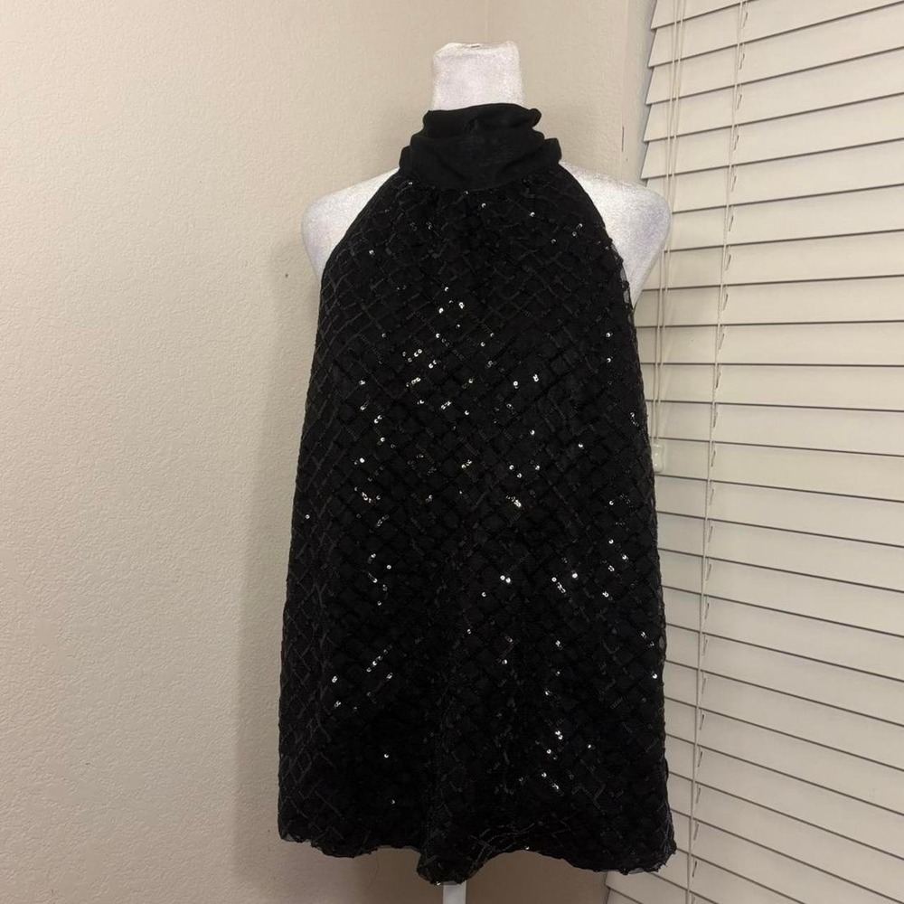 Y2K High neck black sequin mesh satin halter top glam indie chic size Large